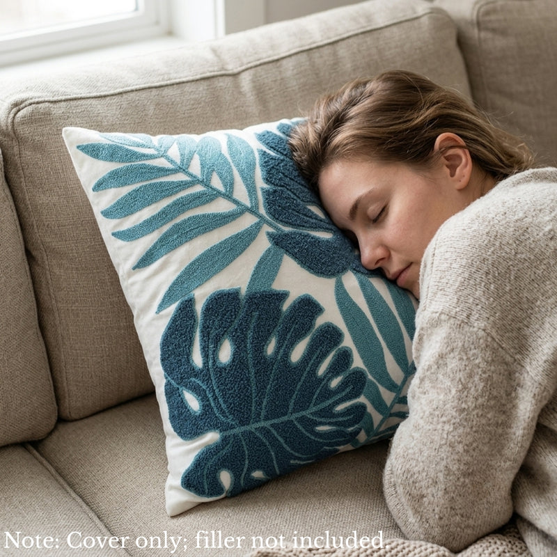 Anypillow Teal Blue Fern Leaves Embroidered Pillowcase Decorative Cushion Cover