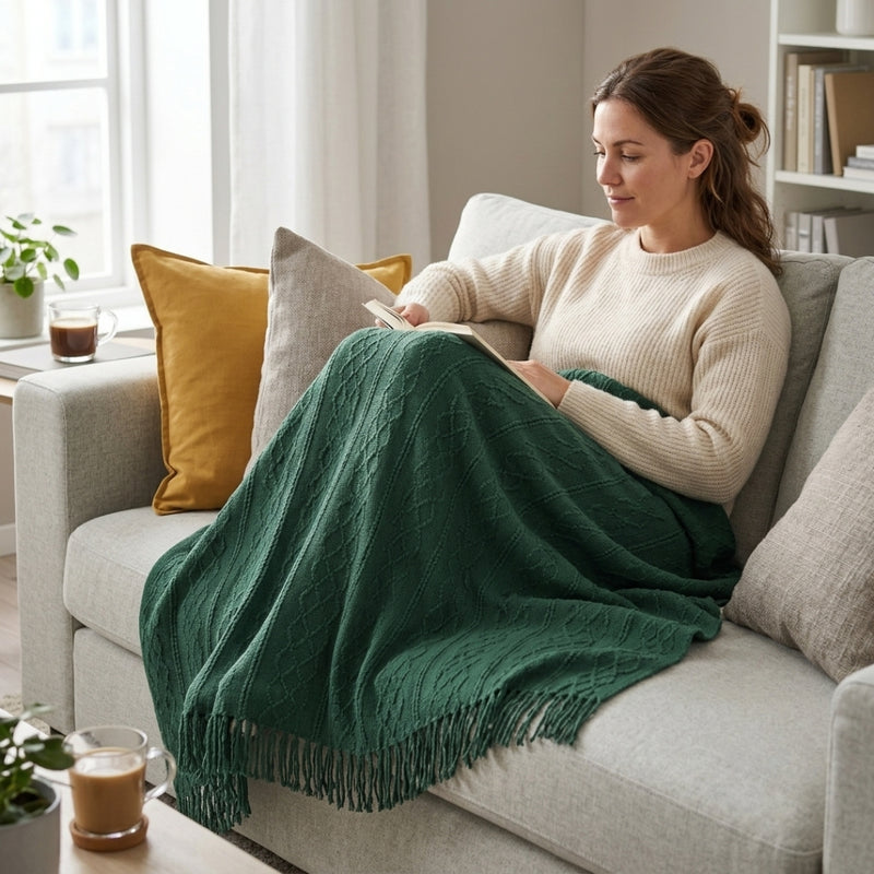Anycozy Green Faux Cashmere Throw Blanket – Diamond Knit Sofa Cover & Home Decor Accent