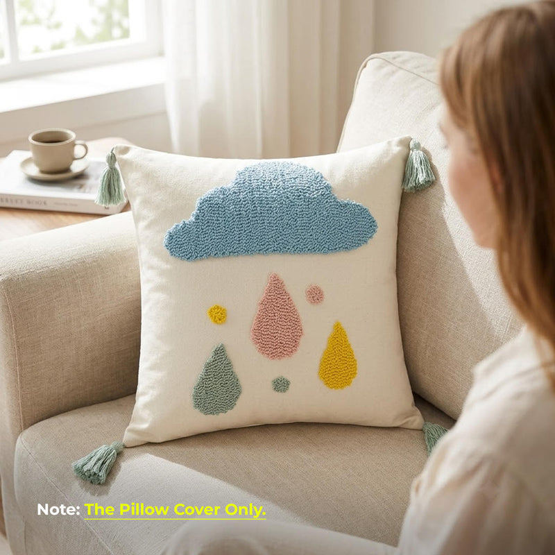 Anypillow White Rain Drop Tassel Tufted Embroidered Pillowcase Decorative Cushion Cover