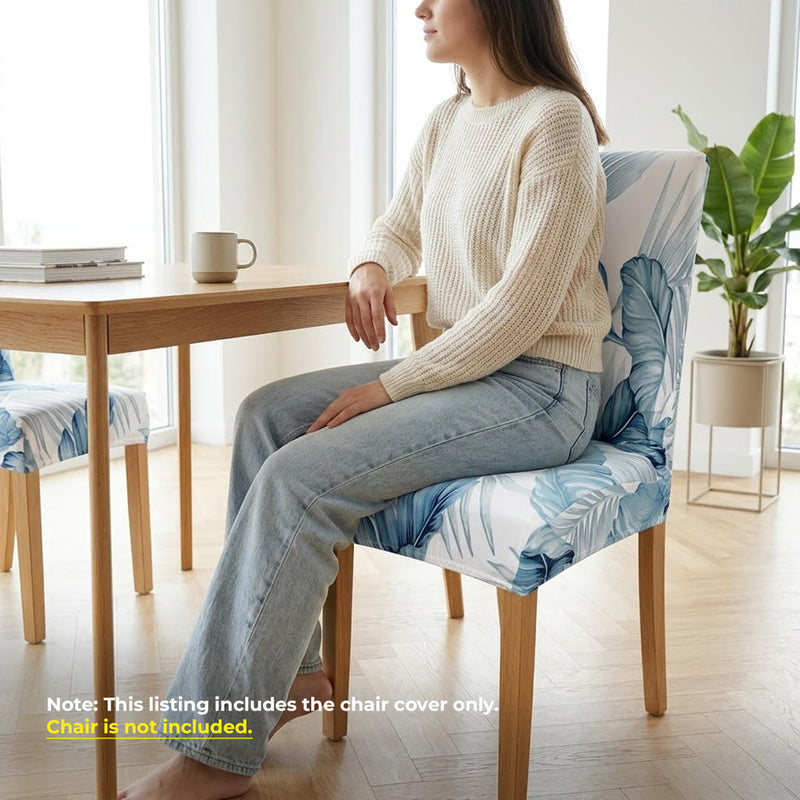Anyseat Sky Blue Leaf Design Chair Cover – Elastic Slipcover with Anti‑Dirt Protection for Dining Room, Kitchen, Wedding, Hotel, Banquet & Restaurant
