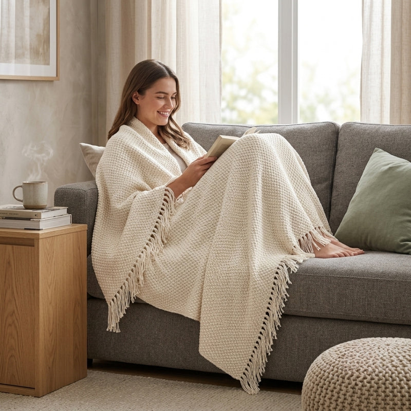 Anycozy White Knitted Waffle Throw Blanket – Soft Tassel Sofa & Bed Cover