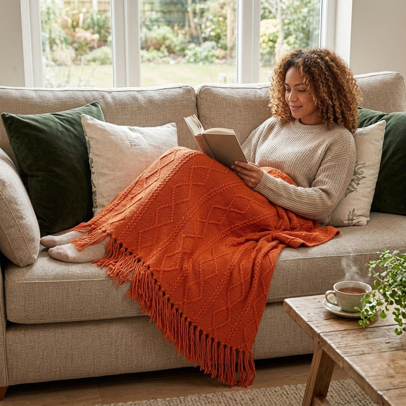 Anycozy Orange Faux Cashmere Throw Blanket – Diamond Knit Sofa Cover & Home Decor Accent