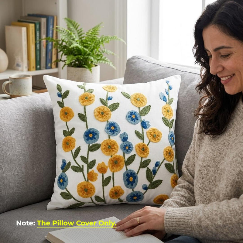 Anypillow White with Yellow Blue Floral Embroidered Pillowcase Decorative Cushion Cover