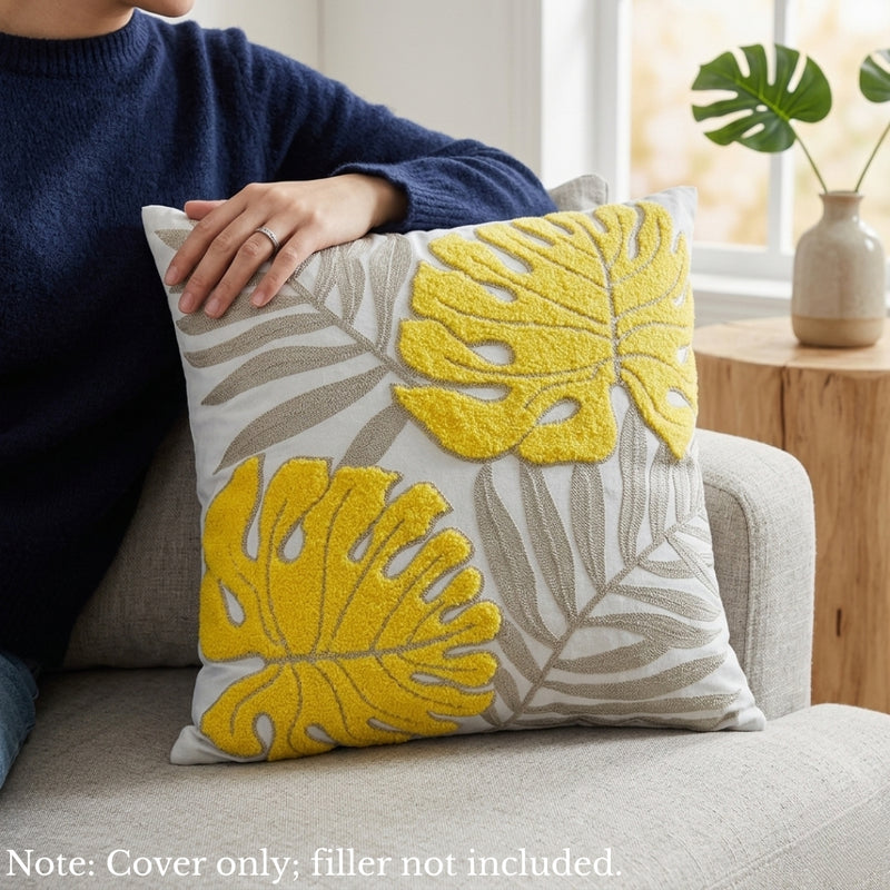 Anypillow Grey Yellow Fern Leaves Embroidered Pillowcase Decorative Cushion Cover