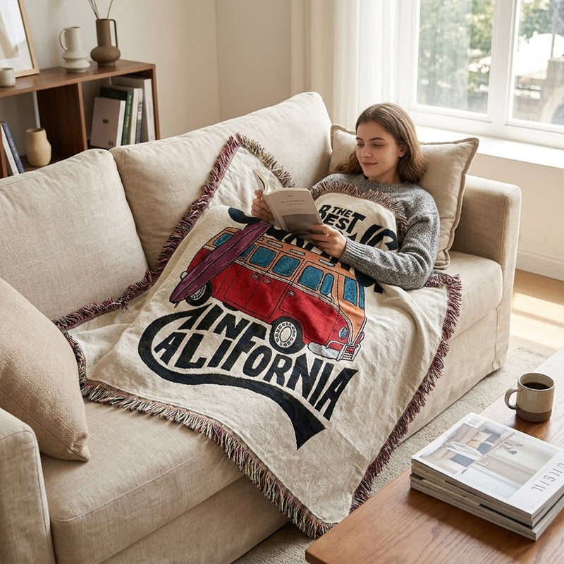 Anycozy Surfing California Throw Blanket – Soft Tassel Sofa & Bed Cover