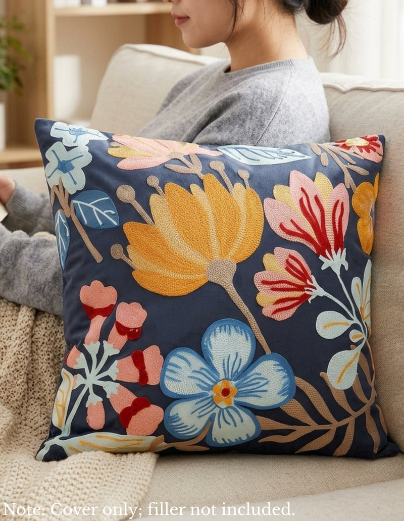 Anypillow Dark Blue Floral Embroidered Pillowcase Decorative Cushion Cover
