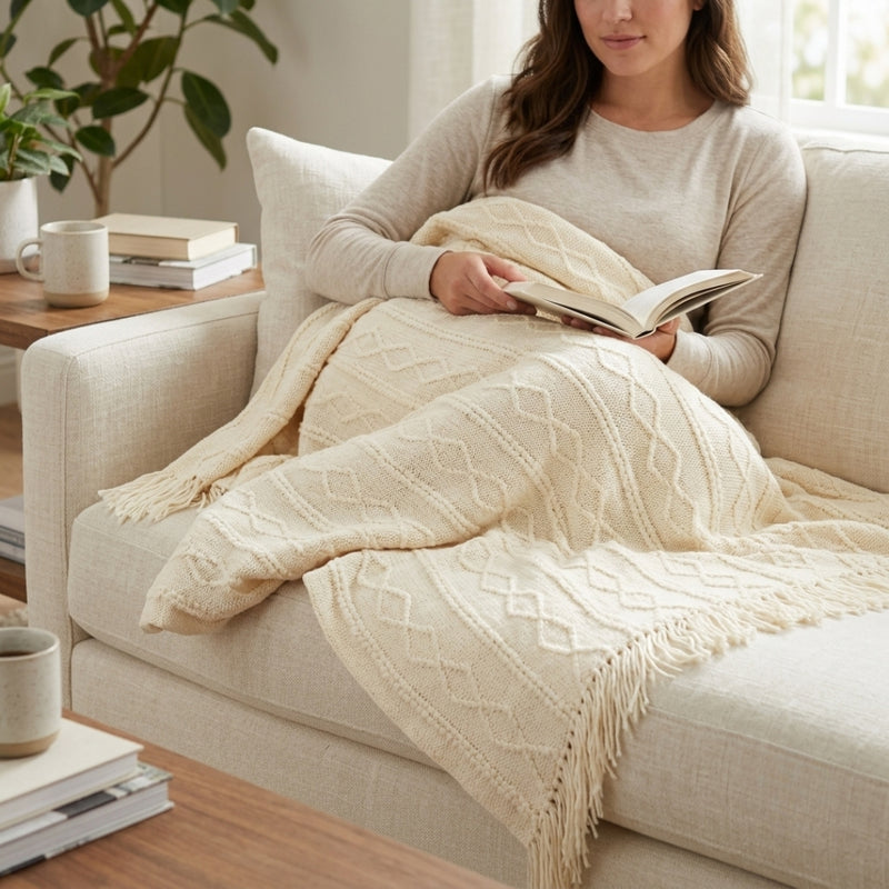 Anycozy White Faux Cashmere Throw Blanket – Diamond Knit Sofa Cover & Home Decor Accent