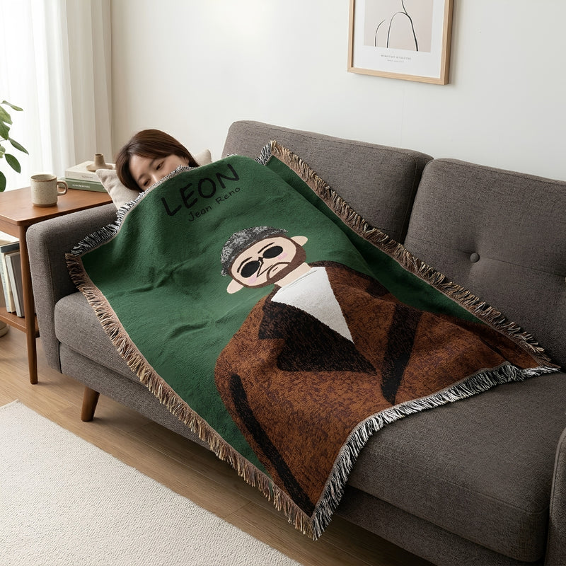 Anycozy Brown Faux Cashmere Throw Blanket – Style 1 Sofa Cover with Human Cartoon Design, Tassels, Soft Picnic & Camping Mat