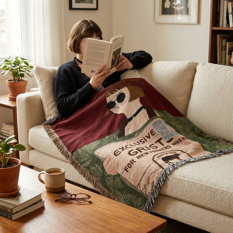 Anycozy Brown Faux Cashmere Throw Blanket – Style 2 Sofa Cover with Human Cartoon Design, Tassels, Soft Picnic & Camping Mat