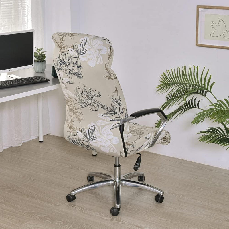 Anyseat Office Chair Cover Beige Floral Print with Zipper Elastic Stretchable High Back Protector Slipcover