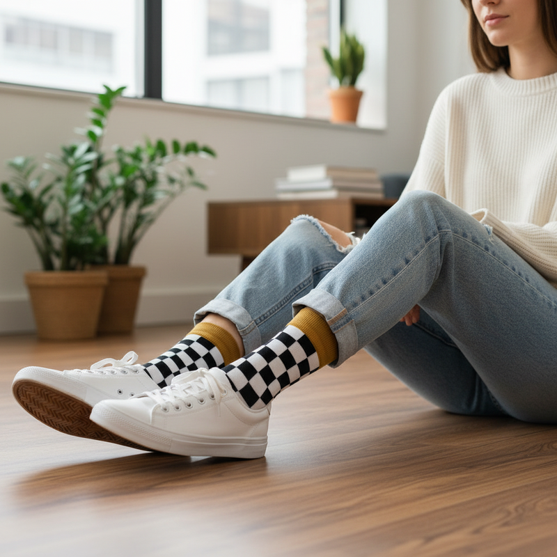 Anyfootwear 5 Pairs Size 5-14 Fashion Socks Novelty Skateboard Squares Black and White Pattern Cotton for Women Dark Blue