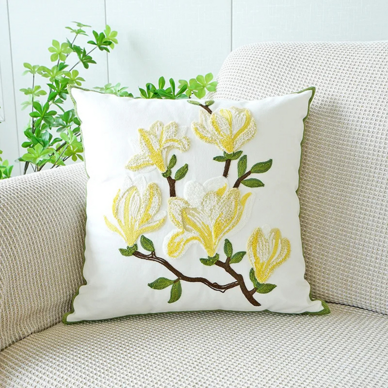 Anypillow Pillowcase White With Yellow Magnolia Flower Embroidered Decorative Cushion Cover