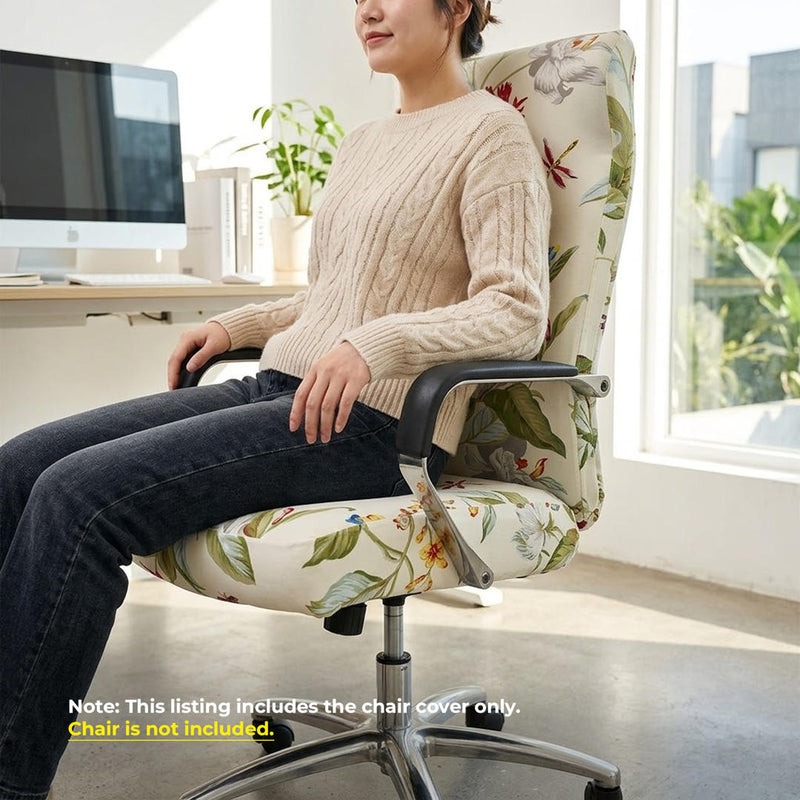 Anyseat Office Chair Cover –White Leafy Design, Medium Size, Non-Slip Rotating Seat Case with Universal Armrest Protector