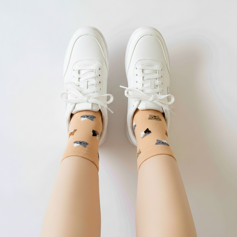 Anyfootwear 5 Pairs Size 5-9 Fashion Socks Thick Warm Cotton Cute Cartoon Cat Animal Ankle Short Casual for Ladies Girls Christmas Gifts Orange