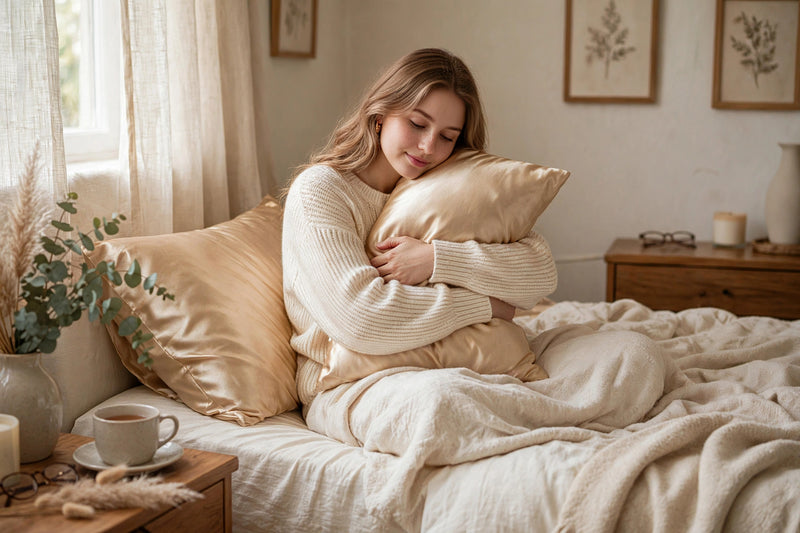 Anypillow Mulberry Silk Pillowcase Set 50x90cm – Gold with Eye Mask, Luxury Soft Silk Bedding