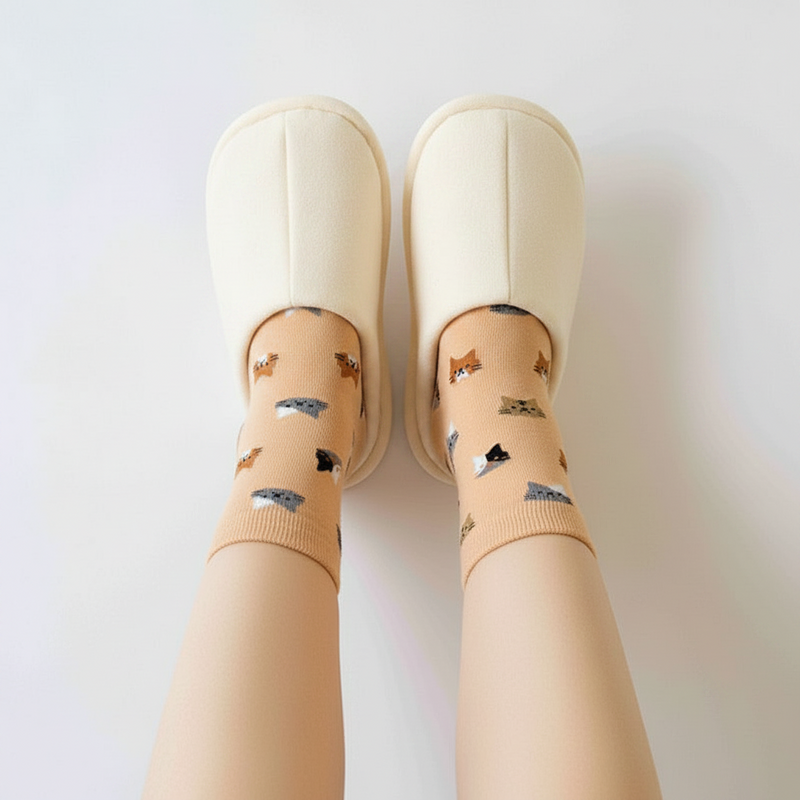 Anyfootwear 5 Pairs Size 5-9 Fashion Socks Thick Warm Cotton Cute Cartoon Cat Animal Ankle Short Casual for Ladies Girls Christmas Gifts Orange