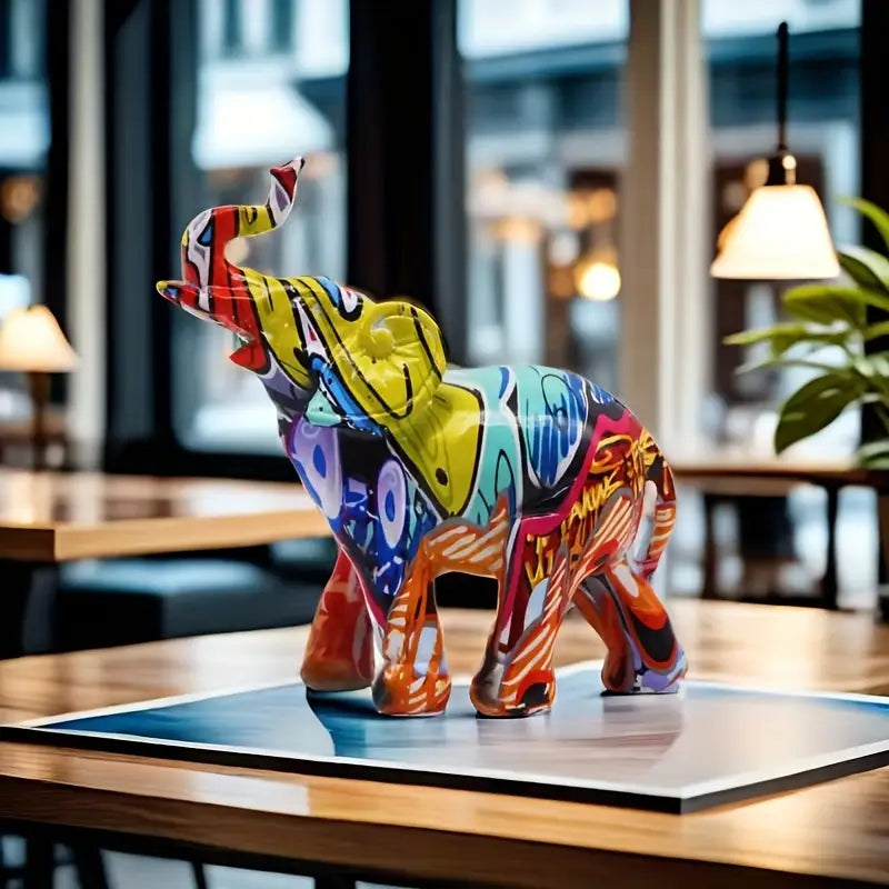 ANYDECO Figurine Small Vibrant Graffiti Elephant Sculpture Nordic Resin Statue Decor