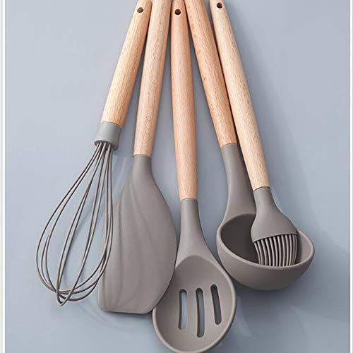 Anygleam Kitchen Utensils 5 Set Khaki Natural Beech Wooden Handle Cookware Tool with Storage Heat Resistant Non Stick Accessories