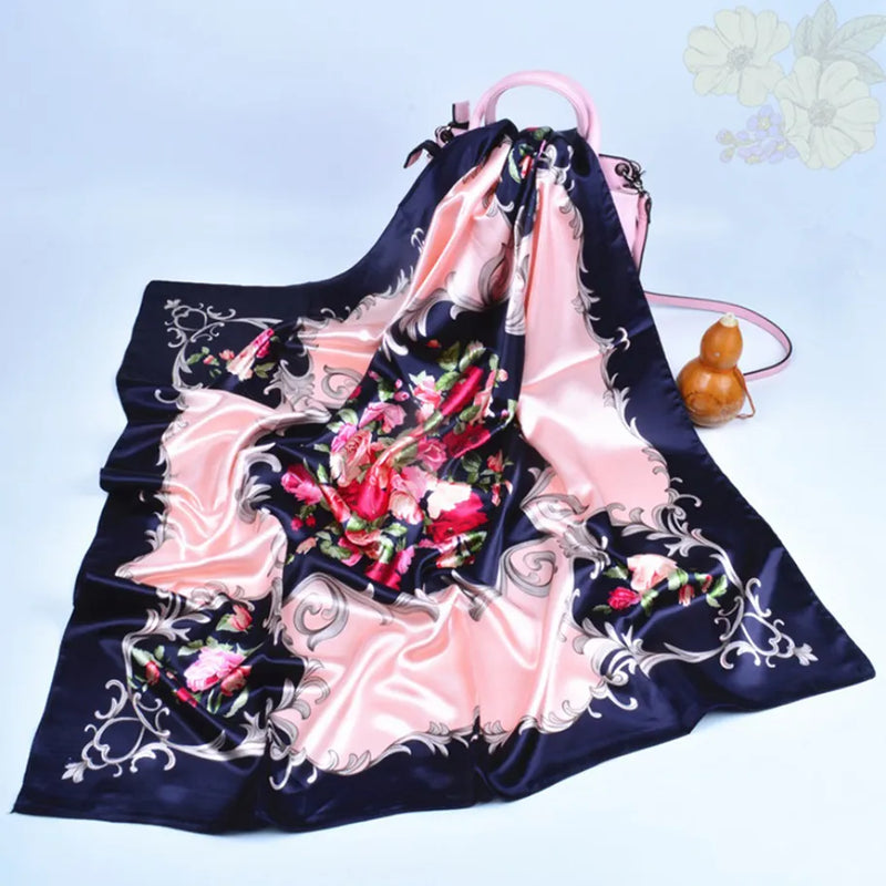 Anyyou Scarf for Women Navy Blue Gardon Floral Satin Silk Scarf Shawl Fashion Accessories Chain Flowers Pattern Autumn Winter Scarves