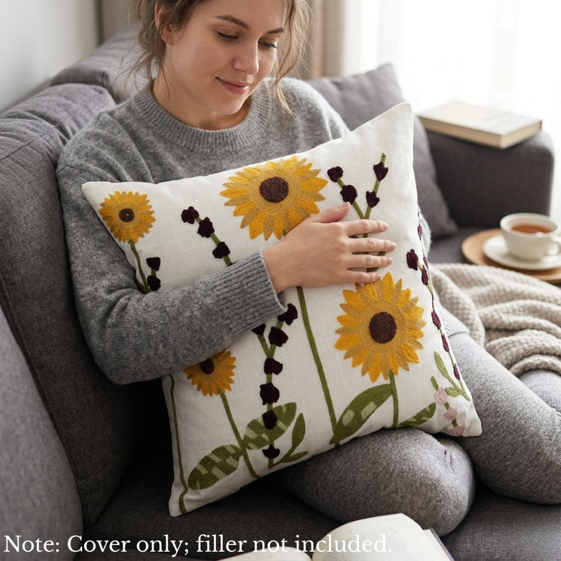 Anypillow White Sunflower Floral Embroidered Pillowcase Decorative Cushion Cover