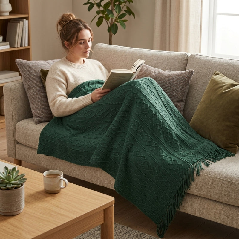 Anycozy Green Faux Cashmere Throw Blanket – Diamond Knit Sofa Cover & Home Decor Accent