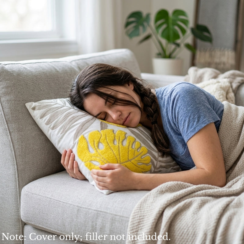 Anypillow Grey Yellow Fern Leaves Embroidered Pillowcase Decorative Cushion Cover