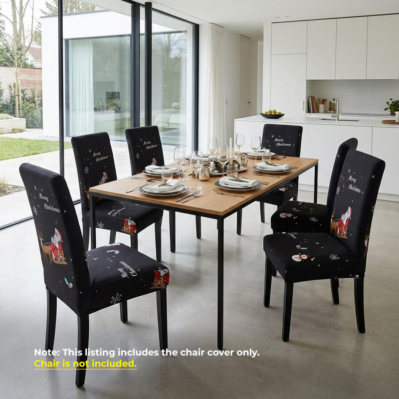 Anyseat Black Santa Reindeer Design Chair Cover – Elastic Slipcover with Anti‑Dirt Protection for Dining Room, Kitchen, Wedding, Hotel, Banquet & Restaurant