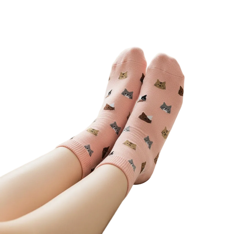 Anyfootwear 5 Pairs Size 5-9 Fashion Socks Thick Warm Cotton Cute Cartoon Cat Animal Ankle Short Casual for Ladies Girls Christmas Gifts Pink