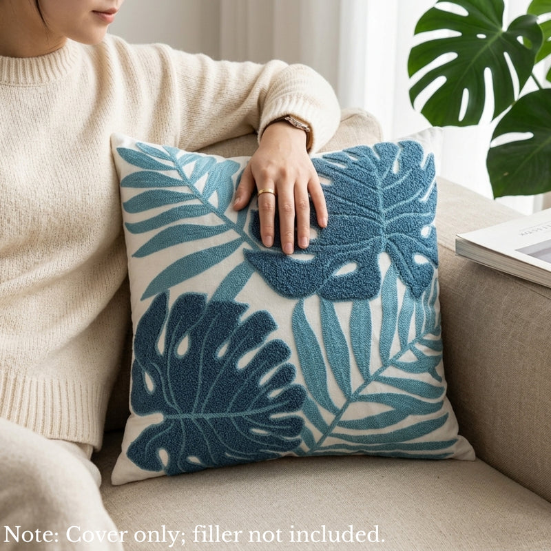 Anypillow Teal Blue Fern Leaves Embroidered Pillowcase Decorative Cushion Cover