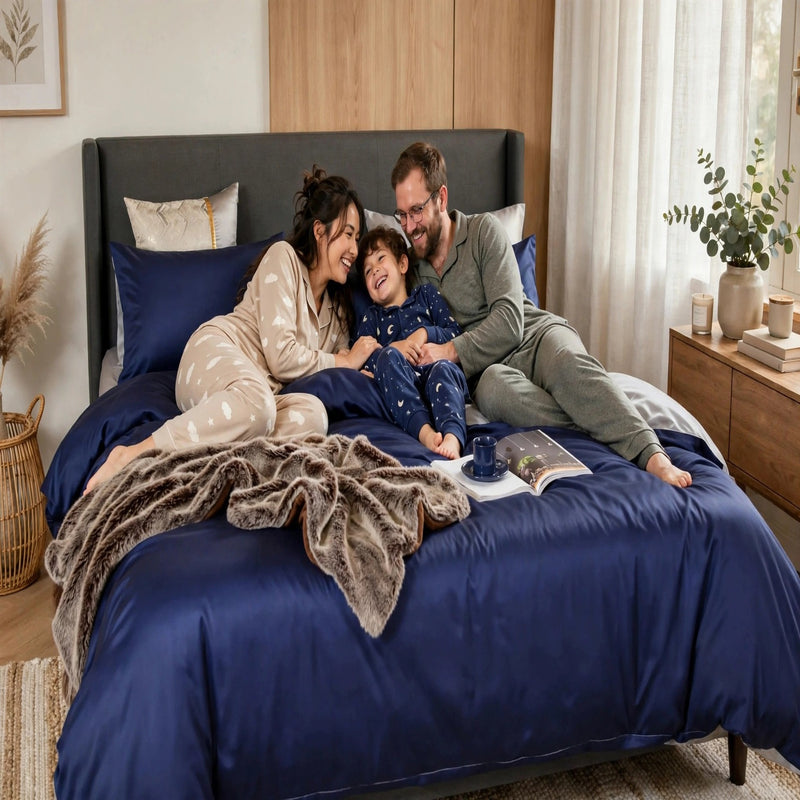Anycozy Double Bed Sheet Set – Navy Blue & Light Grey Ultra‑Soft Luxury Egyptian Cotton Bedding Cover, 6‑Piece Ensemble