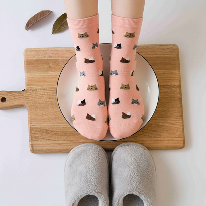 Anyfootwear 5 Pairs Size 5-9 Fashion Socks Thick Warm Cotton Cute Cartoon Cat Animal Ankle Short Casual for Ladies Girls Christmas Gifts Pink