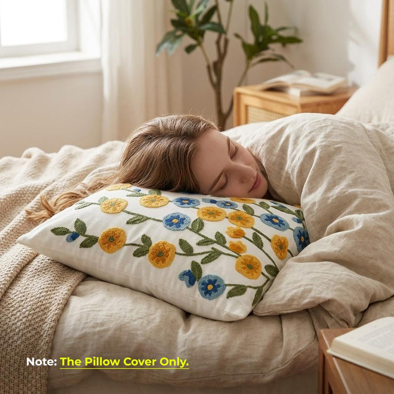 Anypillow White with Yellow Blue Floral Embroidered Pillowcase Decorative Cushion Cover