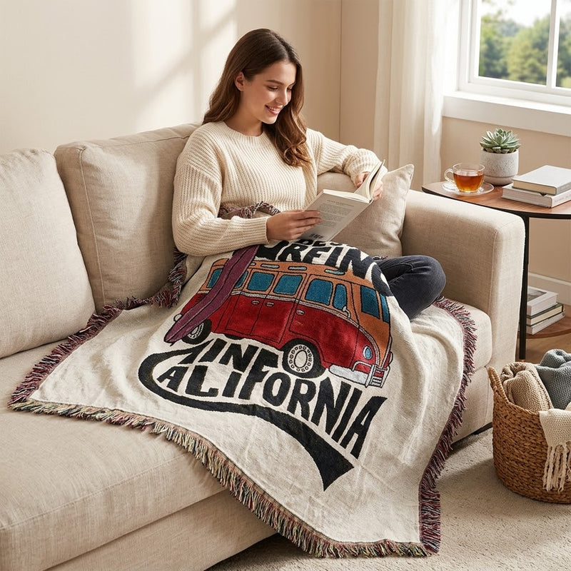 Anycozy Surfing California Throw Blanket – Soft Tassel Sofa & Bed Cover