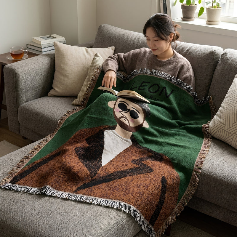 Anycozy Brown Faux Cashmere Throw Blanket – Style 1 Sofa Cover with Human Cartoon Design, Tassels, Soft Picnic & Camping Mat