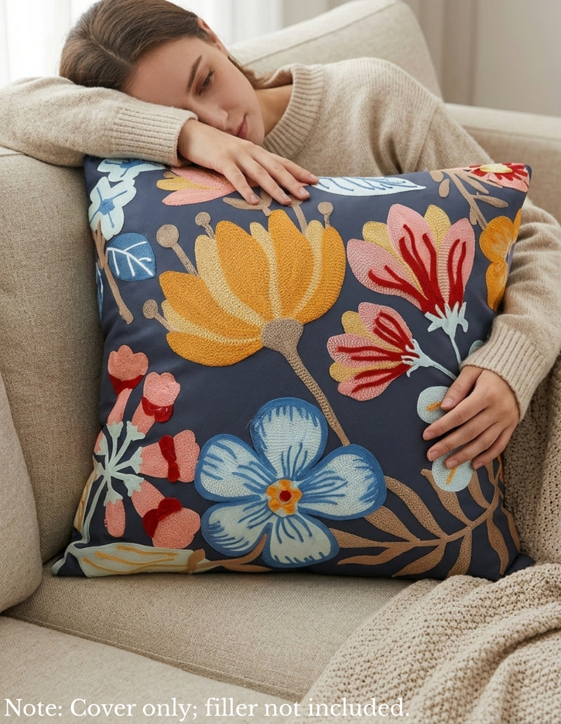 Anypillow Dark Blue Floral Embroidered Pillowcase Decorative Cushion Cover