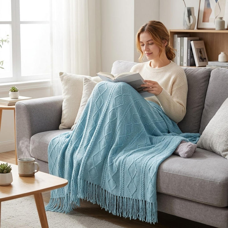 Anycozy Sky Blue Faux Cashmere Throw Blanket – Diamond Knit Sofa Cover & Home Decor Accent