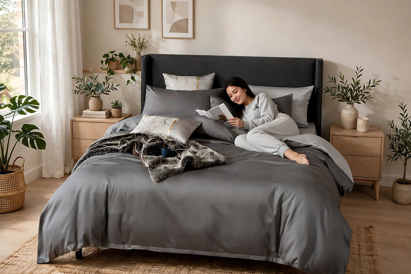 Anycozy UK King Bed Sheet Set – Deep Grey & Light Grey Ultra‑Soft Luxury Egyptian Cotton Bedding Cover, 4‑Piece Ensemble