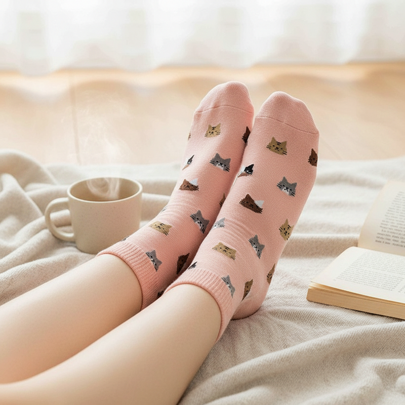Anyfootwear 5 Pairs Size 5-9 Fashion Socks Thick Warm Cotton Cute Cartoon Cat Animal Ankle Short Casual for Ladies Girls Christmas Gifts Pink
