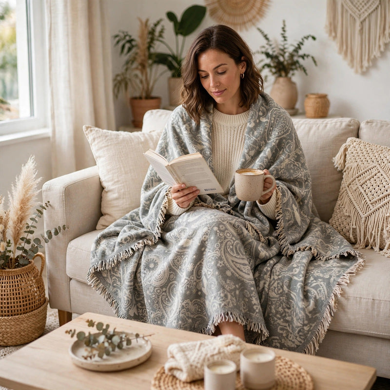 Anycozy Paisley Gray Throw Blanket – Soft Camping Mat & Cozy Home Décor