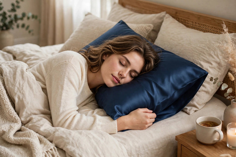 ANYHOUZ Pillowcase 51x66cm Blue Set with Eye Mask Natural Mulberry Silk for Comfortable and Relaxing Home Bed