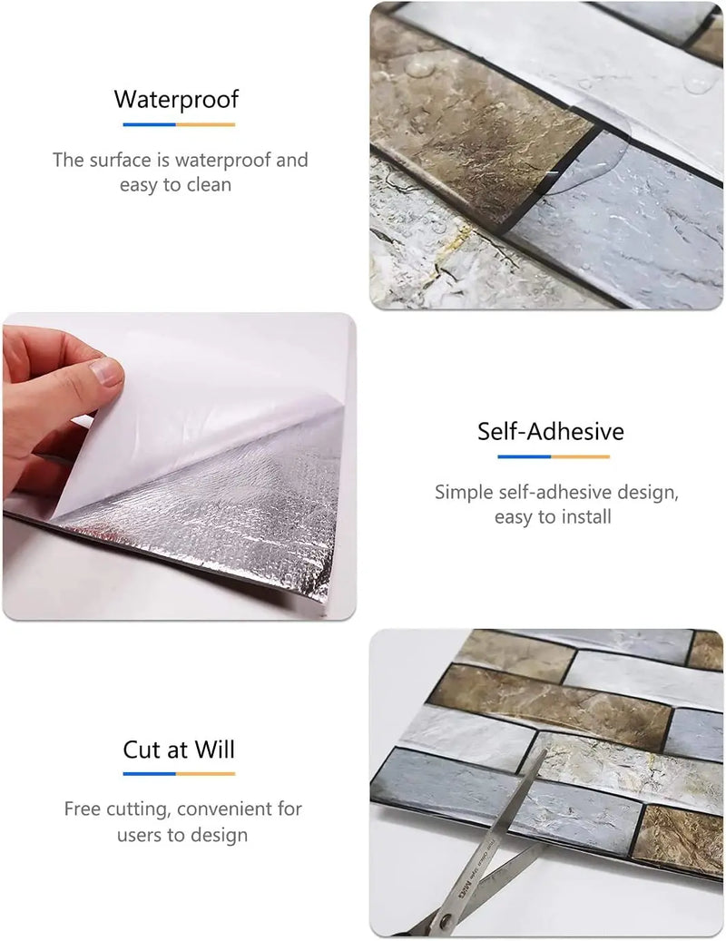 ANYHOUZ 10pcs Vinyl Wall Tile Mixed Tile Shape Pattern 3D Waterproof