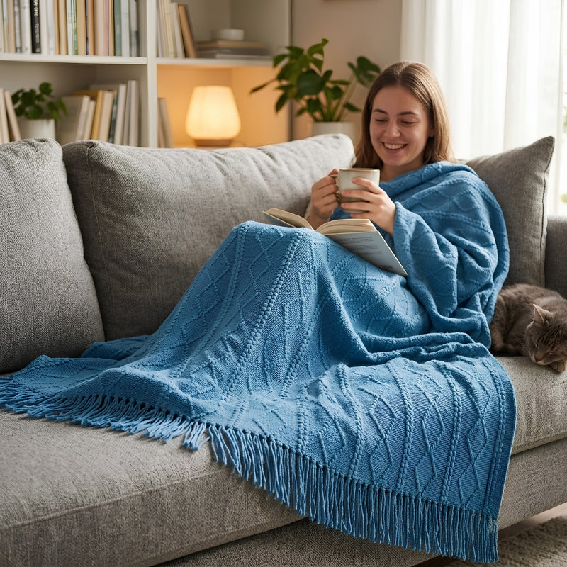 Anycozy Blue Faux Cashmere Throw Blanket – Diamond Knit Sofa Cover & Home Decor Accent