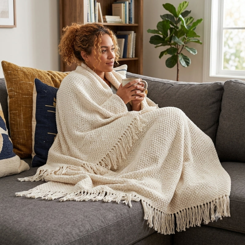 Anycozy White Knitted Waffle Throw Blanket – Soft Tassel Sofa & Bed Cover