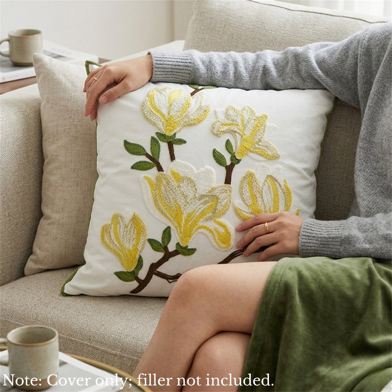 Anypillow White With Yellow Magnolia Embroidered Pillowcase Decorative Cushion Cover