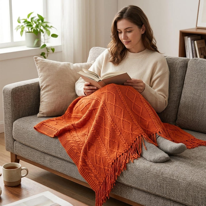 Anycozy Orange Faux Cashmere Throw Blanket – Diamond Knit Sofa Cover & Home Decor Accent