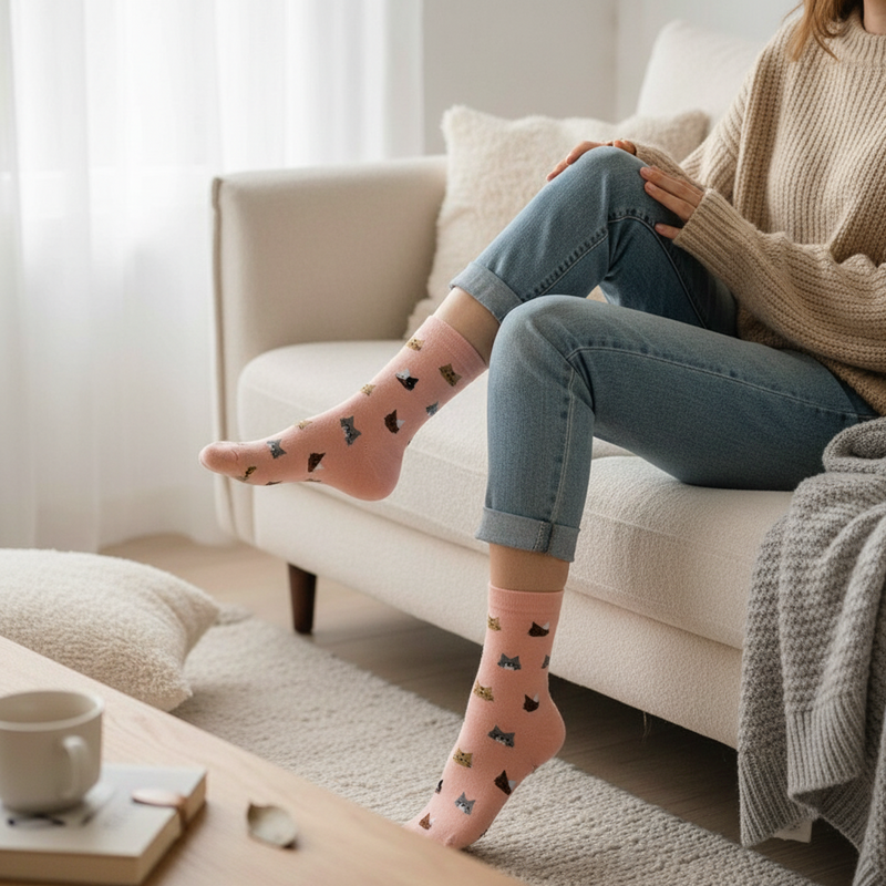 Anyfootwear 5 Pairs Size 5-9 Fashion Socks Thick Warm Cotton Cute Cartoon Cat Animal Ankle Short Casual for Ladies Girls Christmas Gifts Pink