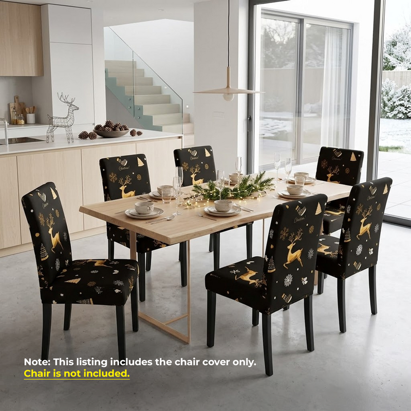Anyseat Black with Christmas Gold Icon Design Chair Cover – Elastic Slipcover with Anti‑Dirt Protection for Dining Room, Kitchen, Wedding, Hotel, Banquet & Restaurant