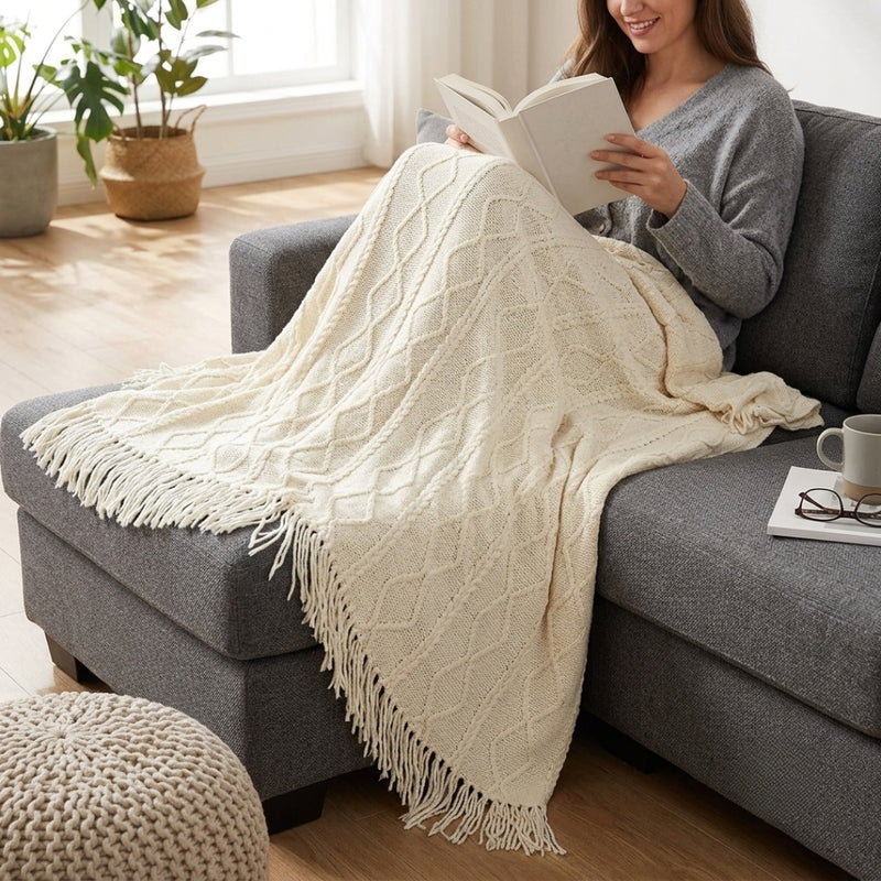 Anycozy White Faux Cashmere Throw Blanket – Diamond Knit Sofa Cover & Home Decor Accent