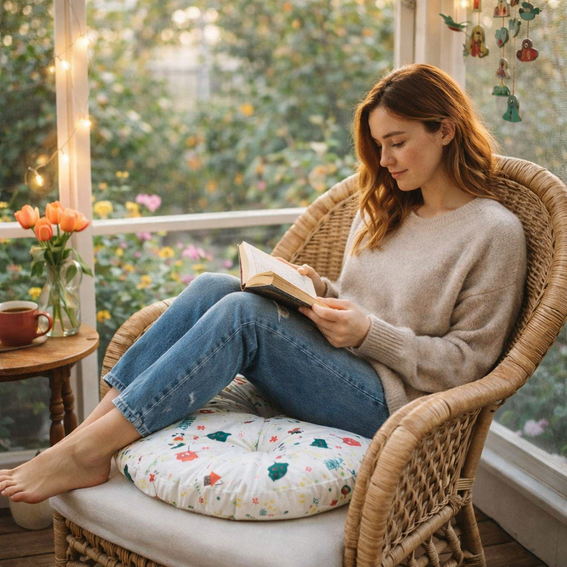 Anypillow White Round Chair with Playful Pattern Chair Pad – Soft Seat Cushion