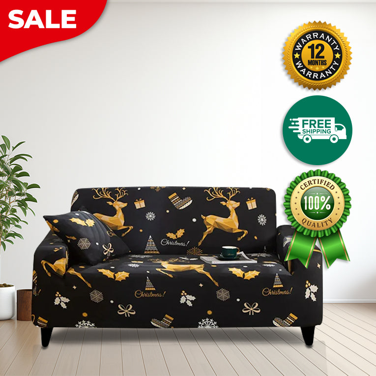 Anyseat Sofa Cover Black Christmas Reindeer Design Non Slip Stretchable Slipcover